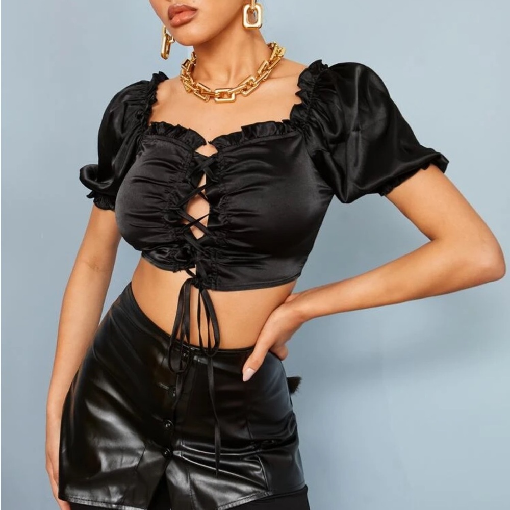 Black satin cross lace crop top